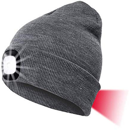 INHDBOX LED Mütze Kappe, Strickmütze mit USB Nachladbare Licht, Beleuchtung und blinkende Warnungs-Arten 8 LED, einfache Installation Vorne Hinten Scheinwerfer, Unisex-Winterwärmer-Strickkappe
