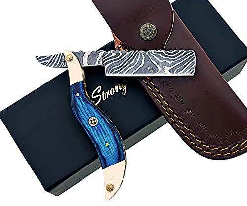 Strong Edges Hand Made Damascus Steel Straight Razor Folding Razor With Shaving Ready Classic Barber Blade Edge, Men Straight Razor, Leather Case + Strop, Close Shave, Great Gift R-87
