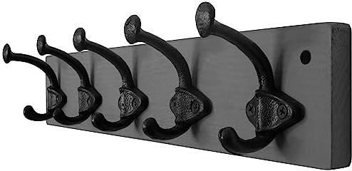 WEBI Garderobenleiste Holz Garderobenhaken Wand,Wandgarderobe mit 5 Haken Gusseisen,Garderobe Hakenleiste,Kleiderhaken Wand für Mäntel,Jacken,Grau
