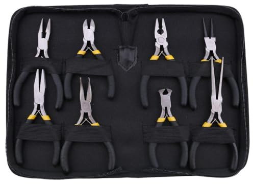 Lot de 8 mini pinces à bec long avec dents, mâchoire plate, aiguille incurvée ronde, extrémité diagonale, pince coupante avec poignées noires et pochette de protection