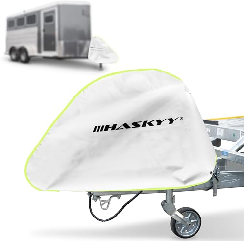 HASKYY Deichselabdeckung für Wohnwagen & Anhänger – wasserdicht | 3-Schicht-Technologie, Verzurrband, Doppelnaht, UV-beständig, Reflektoren, schützt Kupplung & Stützrad, 90 x 60 cm, weiß-neon