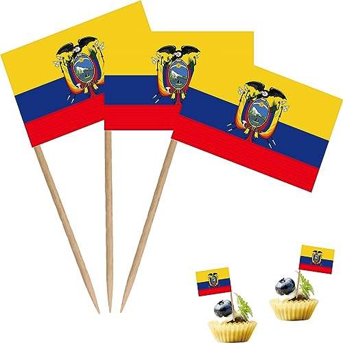 Bandera de palillo de dientes, tamaño pequeño, para cóctel, frutas, cupcakes, decoración de alimentos, paquete de 100 unidades (Ecuador)