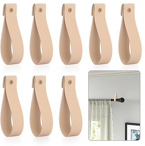 BTSKY Gardinenstangenhalter aus PU-Leder, Wandhaken, Wandhaken, Schlaufenband für Holzvorhangstange, Beige, 8 Stück