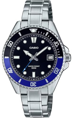 Casio Quarz schwarz Zifferblatt Edelstahl Damenuhr MDV-10D-1A2VDF, Schwarz, Armband