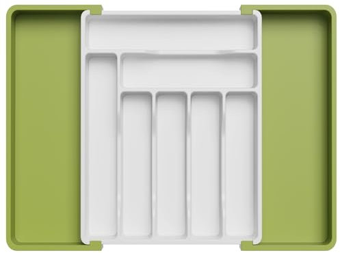 Lifewit Large Cutlery Drawer Organiser, Adjustable Kitchen Utensil Drawer Organiser, 9 Compartment, Cutlery Tray for Spoons Forks Knives,Green& White