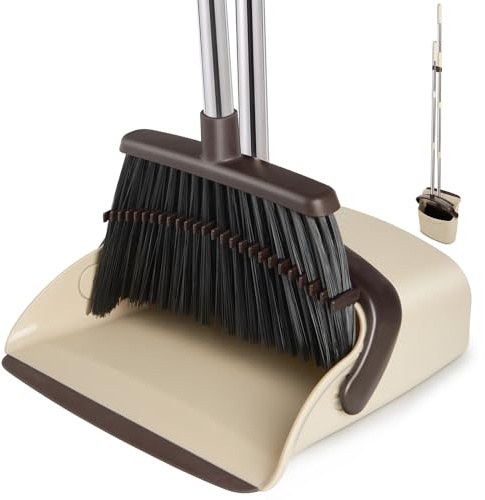 XXFLOWER Set di scopa e paletta, con scopa combinata per la casa, scopa pesante e paletta, manico lungo, set di scopa e scopa per cucina, ufficio, peli di animali domestici, beige, confezione da 1