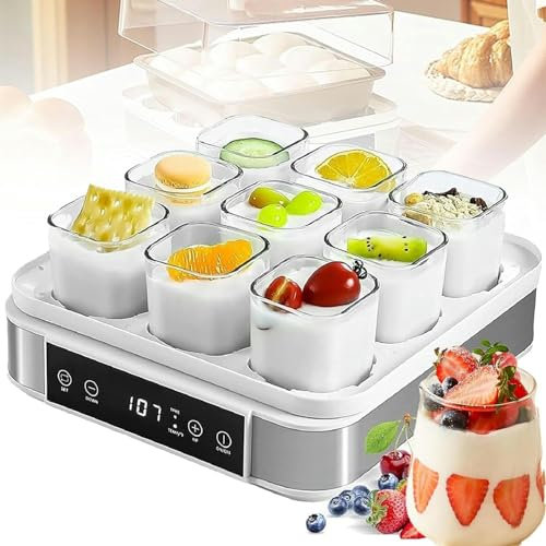 MOSOHINO Yogurtera Digital automática de 9 tarros, máquina de Yogur de fermentación pequeña con Pantalla LCD, fermentador de Masa, Control de Temperatura y Tiempo Ajustable, diseño Visible de 360°
