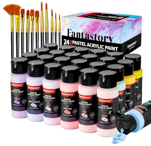 Fantastory Set de pintura acrílica, colores pastel, 60 ml, 24 colores cremosos con 12 pinceles, resistente al agua, no destiñe, pintura acrílica no tóxica para lienzo, madera, maquetas, artistas