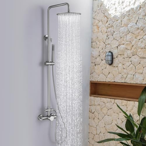 RBROHANT Außendusche, Wandmontage, Außenduschset, Außendusche Wasserhahn mit höhenverstellbarem Regenduschkopf und Handbrause, freiliegendes Duschsystem für Pool, Wandmontage, gebürstetes Nickel