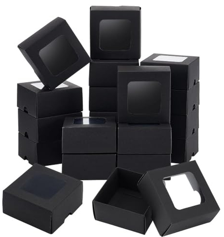 BENECREAT 20 Stück Schwarze Kraftpapierbox Mit Klarem Fenster, 8x8x4cm Quadratische Geschenkbox Aus Kraftpapier Für Mini Hochzeitsgeschenke