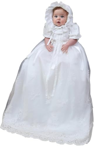 Dopklänning för babyflickor spets blommig broderad dopklänning med hätta, Vit 04, 0-3 Months