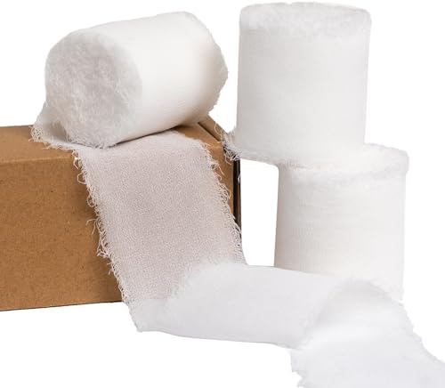 PIGETALE Weiß Schleifenband, 3 Rollen Weiss Chiffonband mit ausgefranstem Rand, 4cm x 15M Weiß Geschenkband Fransenstoffband für Hochzeitseinladung, Brautstrauß, Dekoration, Geschenkverpackung