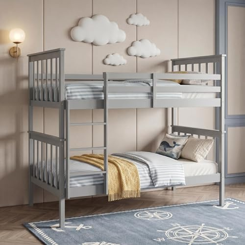 Panana Bunk Bed 3FT Single Wooden Bunky Sleeper Bed,Sturdy Safety Guardrail Kids High Sleeper Bed With Ladder For Kids, Children (Grey, Can Split in to 2 single beds)