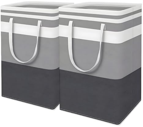 EZZLife Laundry Basket, 2 Pack 80L Large Collapsible Washing Basket Dirty Clothes Bin Hamper Storage Bags with Handles, Grey