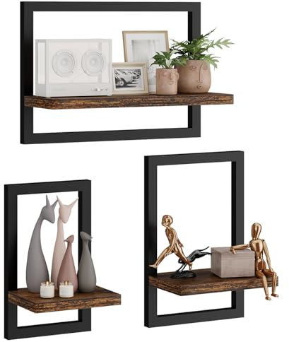 IBUYKE schwimmende Regalwand, Satz von 3-Wandregalen, hängende Regale für Wandlagerung, Ausstellungsregale, quadratisches Bücherregal für Büro, Schlafzimmer, Badezimmer, Küche,Brown TFS001H