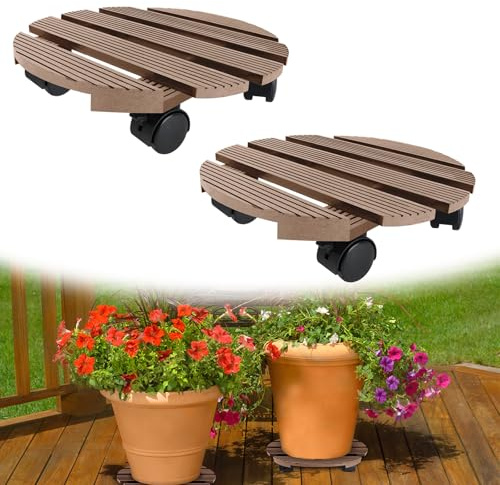 VA-Cerulean Pflanzenroller Pflanzen Untersetzer WPC Blumen Rollbrett, Blumenroller, mit 360° Räder, Kübelroller für Außenbereich und Innenbereich, 100 kg Tragkraft (Braun,Rund)