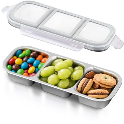 Ugotit Snack Box with Compartments, 3 Compartments Stainless Steel Bento Box, Reusable Food Storage Containers with Airtight Lid for Adult (Gray, 600ml)