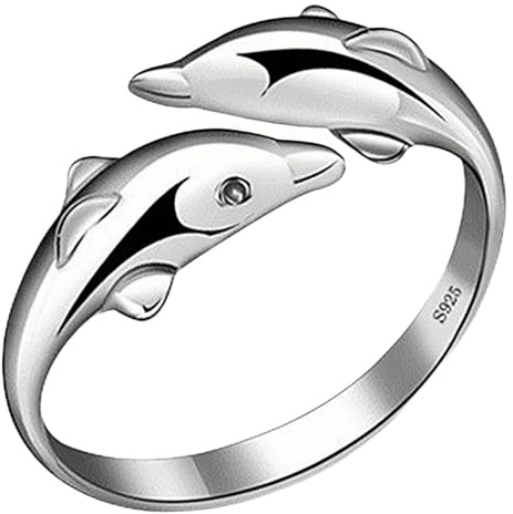 Anillo de plata con doble delfín ajustable con diseño simbólico, joyería diaria regalo para ella, Adjustable