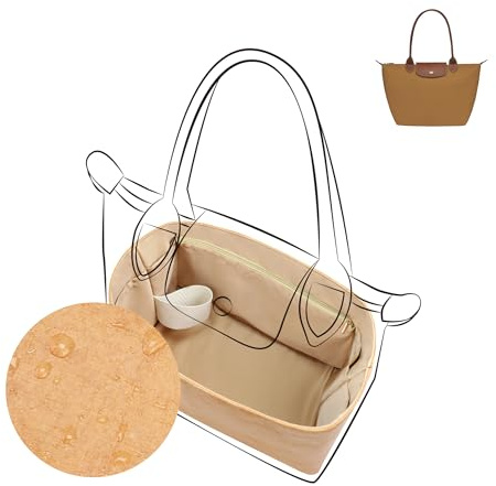 DGAZ Leichter Taschenorganizer für Longchamp Le Pliage M Langer Griff, Chai | Satin Innenfutter, Wasserabweisendes DuPont Papier, Reißverschlusstasche, Flaschenhalter, Passgenau