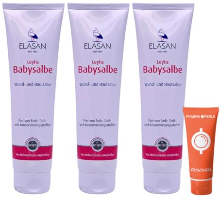 ELASAN Leyhs Babysalbe 3x 150 ml I Pflegende Hautsalbe für empfindliche Babyhaut im Windelbereich I Ohne Zink & Duftstoffe I Milde Pflegeformel mit Tonerde I Spar-Set plus Pharma Perle give-away