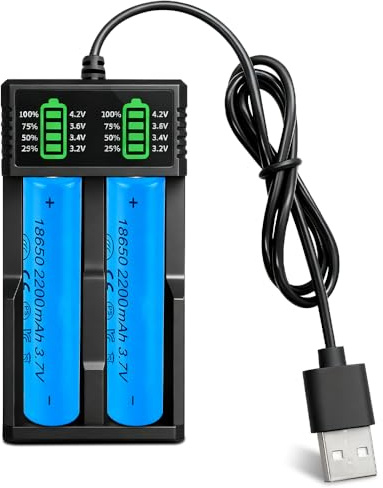 18650 Battery Charger Set with 2 Pack 3.7V 2200mAh Pointed Batteries, SGZIOO 18650 Rechargeable Battery with 500x Times, USB 2 Slot Charger with LCD Display Smart, Suitable for 26650 21700 14500 18650