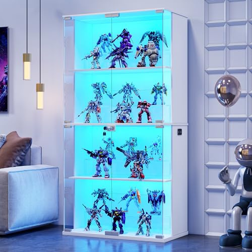 66Display Cabinets with Glass Doors and Adjustable Shelf for Toys,White | 4-Tier Bookcase with 3 Color Lights for Collectibles,Storage Cabinets with Human Body for Books