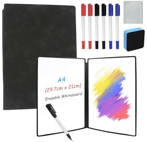 Tragbar Whiteboard A4 Wiederverwendbar Whiteboard Notizbuch Mini Whiteboard Klein mit Stift Radiergummi und Netzbeutel für Büro Schule Zuhause Schreibtisch