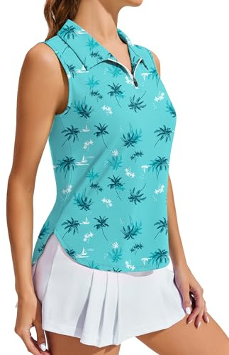 PINSPARK Women Golf Shirts Sleeveless UPF 50+ Tennis Polo V-Neck Quick Dry Athletic T Shirt 1/4 Zip Collar Workout Tank Top, Turquoise Coconut Tree L