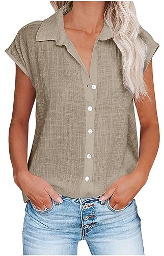 HAOLEI Camicetta Lino Donna Camicie a Maniche Corte con Scollo a V Abbottonata Elegante Casual Blusa Top Camicette in Lino Ampia T-Shirt Camicie di Primavera Comoda e Traspirante Classico Maglietta