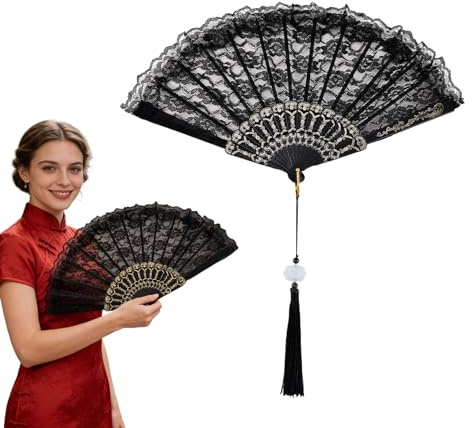 EUYKQNOI Fächer Federn Schwarz, Federfächer 1920er Handfächer Spitze Vintage Feather Fan, Spitzenfächer Fächer Feder 20er Jahre Damen Kostüm Tanzen Show Hochzeit Karneval Party Flapper Zubehör