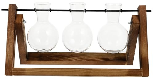 BEBEMOKO Glass Planter Bulb Vase with Charcoal Wood Stand, 3-Bulb Hydroponic Tabletop Decor for Home and Office Plant Propagation