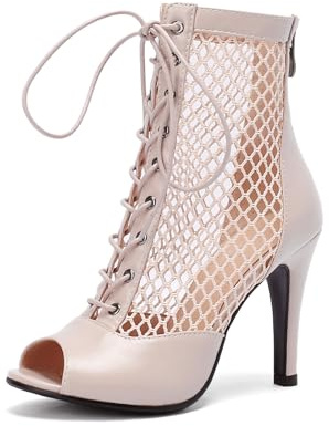 Uonpie Latin Salsa Tango stövlar i mocka peep tå dansskor 10 cm klack, 10 cm beige L, 40 EU