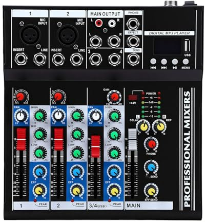 Depisuta Mezclador De Audio De 4 Canales, Mini Mesa De Mezclas Bluetooth Procesador Dsp Con Efectos De Reverberación Integrados Entrada USB Para Mp3 Alimentación Fantasma De 48 V