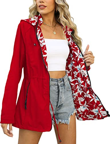 Bellivera Ladie Casual Reversible jacket Spring Fall Clothes Printed Coat 6132 Red M