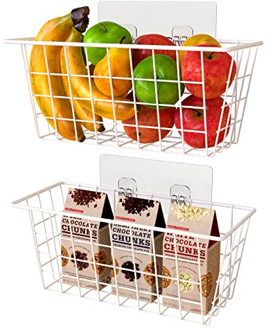 MaraFansie Wall Wire Baskets Bin No Drilling Adhesive Hanging Baskets Wall Mounted for Cabinet & Pantry Organization and Kitchen, Bathroom, Bedroom Storage, 2 Pack, White