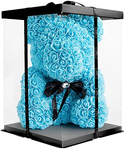 Infinity® Rosenbär Blau 40 cm – Handgefertigter Bär mit Geschenkbox & über 600 duftenden 3D-Rosen – Geschenk zum Geburtstag oder Jahrestag
