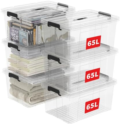 Cetomo 65L*6 Scatole di Stoccaggio in Plastica, Scatole Portaoggetti con Coperchio, Organizzatore con Manico, Contenitori per Casa e Ufficio, Impilabile, Resistente, Trasparente, 65L - Confezione da 6