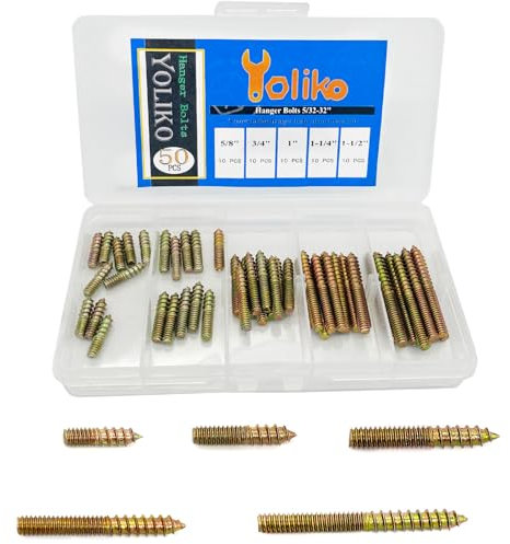 Yoliko 50 Pack Assorted Hanger Bolts Kit - 5 Sizes (5/32-32, 8/5, 3/4, 1, 1-1/4, 1-1/2) - Double Headed Bolts, Wood Dowel Screws