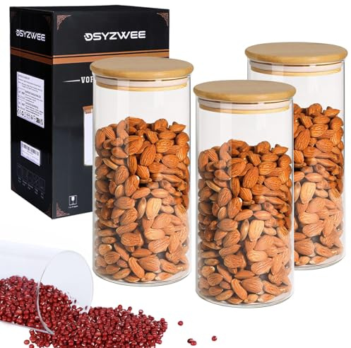 DSYZWEE Vorratsdosen Glas 3er Set, 1800ml Vorratsgläser mit deckel rund, Borosilikatglas Vorratsbehälter mit Bambusdeckel, Glasbehälter zur Aufbewahrung Küchenzutaten, für Kaffee, Zucker, Nudeln