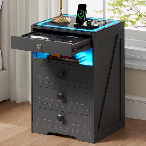 Gurexl Led Nachttisch mit Ladefunktion,Smart Nachtschrank mit 3 Licht Dimmbar, Intelligent Sideboard mit 4 Schubladen USB Type-C Mit Schloss Schlafzimmer Grau