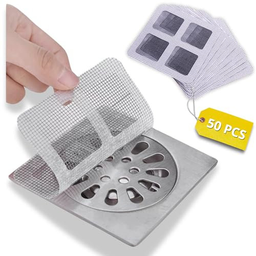 HKaizen Rejillas Desechables para Ducha (Pack 50) – Autoadhesivas, atrapa pelos y Evita Atascos; Malla de Fibra de Vidrio con Acabado metálico 10×10 cm; higiene y Limpieza sin Malos olores