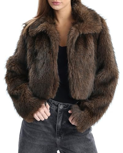 Amazhiyu Womens Faux Fur Coat with Pockets, Winter Lapels Open Front Jacket Brown XL