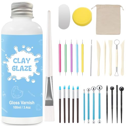 EIGTWEN 100ml Air Dry Clay Glaze and 29pcs Clay Tools Kit, Gloss Airdry Varnish Protects Pottery from Surface Wear, Pottery Tools Can be Used for Stippling, Carving, Molding(Gloss)