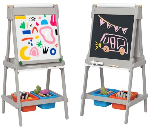 AIYAPLAY Pizarra Infantil Caballete de Pintura para Niños 3 en 1 Pizarra de Doble Cara con Borrador Rollo de Papel y Cajas de Almacenaje Gris
