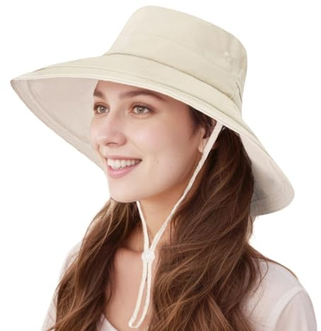 lifwimner Sonnenhut Damen mit Breiter Krempe, Faltbare Sonnenhüte mit Pferdeschwanz Wasserdichter Boonie Hut für Sommer Strand Camping Safari Garten Angeln(Beige)