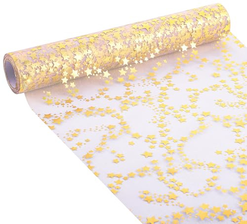 Organza Tischläufer Sterne, 28cm x 10m Tischläufer Gold Tischdecke Glänzend Dekoratives Tischband für Weihnachten Adventszeit Geburtstag Hochzeit Party Dekoration zu besonderen Anlässen