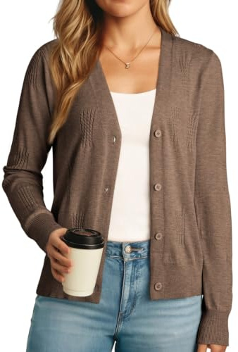 Dokotoo Women's Cardigans Long Sleeve Open Front Womens Sweaters Elegant V Neck Button Women Short Cardigan Solid Twisted Cable Knit Lightweight Ladies Outwear Sweater Khaki Brown 2XL