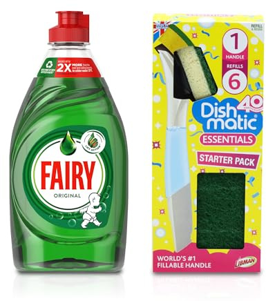 Fairy Liquid Original 320ml with Dishmatic Dish Brush Starter Kit – Complete Washing Up Solution for Kitchens, Dish Cleaning, Grease Removal on Pots, Pans, Plates, Glasses & Everyday Cleaning