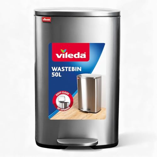 Vileda Mülleimer 50L Edelstahl - Treteimer mit Deckel - Abfalleimer 50L mit Soft-Close und 90 Grad Öffnung - Mülleimer Küche 50L | Soft-Close-Deckel schließt leise und gedämpft, statt hörbar zuzuschlagen