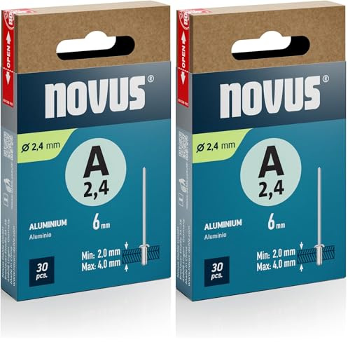 Novus Tools Aluminium-Blindnieten Ø 2,4 mm, 6 mm Länge, 30 Nieten, 2,0-4,0 mm Klemmlänge, ideal zur Befestigung von Nichteisen-Metall, Kunststoff, Leder und Stoffe (Packung mit 2)